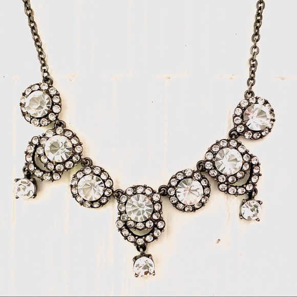 Vintage Jewelry - Round Gunmetal Vintage Art Nouveau Rhinestone Necklace Distressed Adjustable 20s